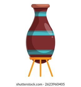 Big brown clay vase with stripes standing on wooden tripod, traditional pottery production
