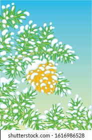 Big brown cone hanging on a snow-covered green prickly fir-tree branch on a cold winter day, vector cartoon illustration