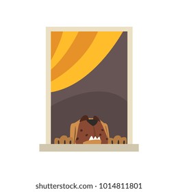 Big brown dog looking through window. Cartoon domestic animal character. Exterior detail element. View from the street. Colorful flat vector design