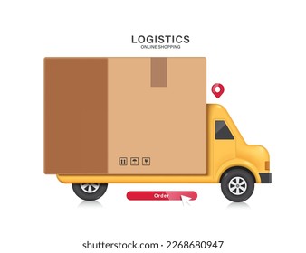 big brown parcel box or cardboard box place on yellow truck and and below there is an order button,vector 3D isolated on white background for logistics,delivery,online shopping concept design