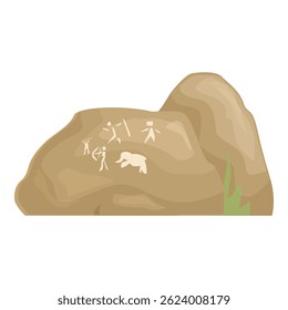 Big brown rock showing ancient cave paintings depicting a hunting scene
