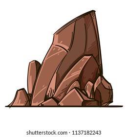 Big brown stone in cartoon style. Landscape element for game design and animation. Vector illustration isolated on white background.