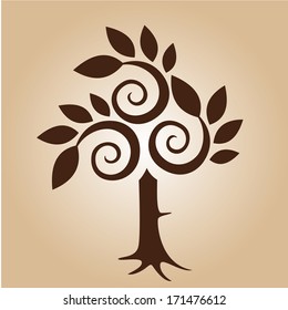 a big brown tree with spirals in gradient background