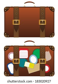 Big brown vintage traveling suitcase on white background.
