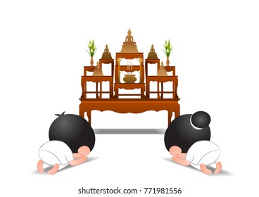 Big bubble head cartoon pay respect to image of Buddha,man and woman,isolated version,vector illustration