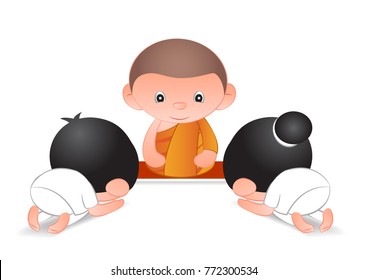 Big bubble head cartoon pay respect to monk,man and woman,vector illustration
