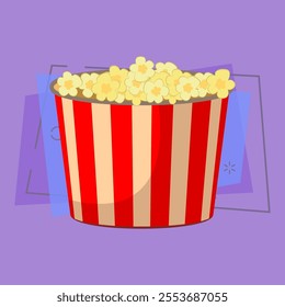 Big bucket of popcorn. Unhealthy eating in buffet. Entertainment concept. Can be used for topics like snack, watching tv, cinema