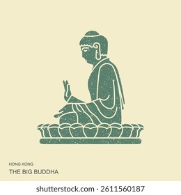 The big Buddha. Hong Kong Tian Tan Buddha. Flat vector icon in vintage style.
