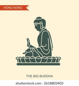 The big Buddha. Hong Kong Tian Tan Buddha. Flat vector icon in vintage style.