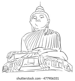 Big Buddha Phuket Outline Sketch, Famous Tourist Lansmark, Hand drawn Artwork