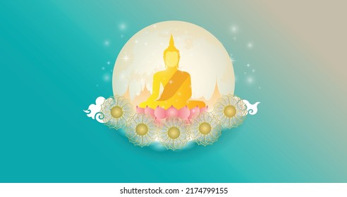 Big buddha sitting on the lotus of moon vector background - Magha Puja, Asanha Puja, Vesak Puja Day, Buddhist holiday concept. Thailand culture