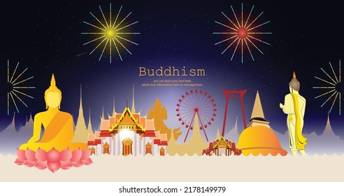 Big buddha sitting on the lotus, Thai temple fair vector background - Magha Puja, Asanha Puja, Vesak Puja Day, Buddhist holiday concept. Thailand culture