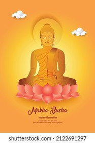 Big Buddha sitzend auf rosafarbenem Lotus Religion auf gelbem Vektorhintergrund - Magha puja-Tag, Vesak-Tagesbanner, wichtige Buddhismus-Tage thailändische Kultur