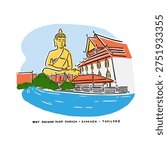 Big Buddha statue Riverfront Bangkok city Scene Hand drawn line art Color illustration