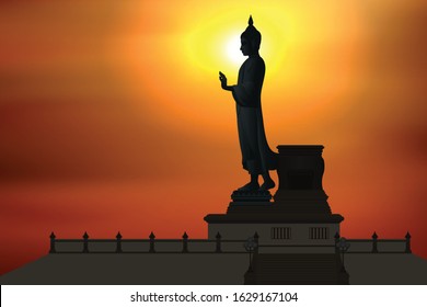 Big Buddha statues silhouette at sunrise. Graphic vector