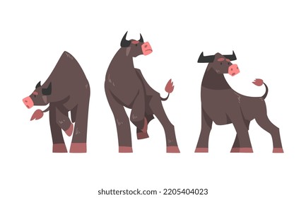 Big buffalo in different poses. Bull farm animals cartoon vector illustration