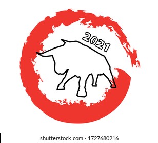 Big bull animal silhouette new year 2021 symbol in red circle white background