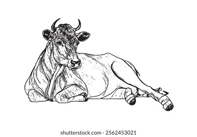 Big bull striker with horns drawn in ink on white background sketch