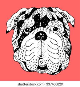 Big Bulldog Sugar Skull Head, Cute Dog Day Of The Dead, Vector Illustration Design, Hand Drawn