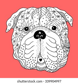 Big Bulldog Sugar Skull Head, Cute Dog Day Of The Dead, Vector Illustration Design, Hand Drawn