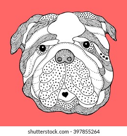 Big Bulldog Sugar Skull Head, Cute Dog Day Of The Dead, Vector Illustration Design, Hand Drawn