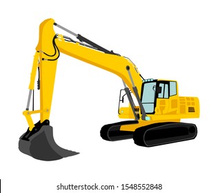 Big bulldozer loader vector isolated on white background. Dusty digger illustration. Excavator dozer for land. Under construction. Industrial building machine bager. Motor grader. Hard work industry.