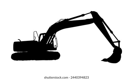 Big bulldozer loader vector silhouette illustration isolated on white background. Dusty digger shape. Excavator dozer for land. Under construction. Building machine bager. Motor grader shadow.