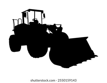 Gran bulldozer cargador Vector silueta ilustración aislada sobre fondo blanco. Forma de excavadora polvorienta. Excavadora topadora para tierra. En construcción. Máquina de construcción bager. Sombra del nivelador del motor.