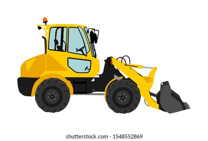 Big bulldozer, wheel loader vector isolated on white. Dusty digger illustration. Excavator dozer for land. Under construction. Industrial building machine bager. Motor grader. Hard work industry.