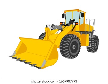 Big bulldozer, wheel loader vector isolated on white. Dusty digger illustration. Excavator dozer for land. Under construction. Industrial building machine bager. Motor grader. Hard work industry.