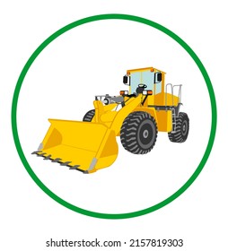 Big bulldozer, wheel loader vector isolated on white. Dusty digger illustration. Excavator dozer for land. Under construction. Industrial building machine bager. Motor grader. Hard work industry.