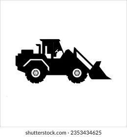 Big bulldozer wheel loader vector silhouette isolated on white. Excavator dozer for land. Under construction. Industrial building machine bager. Motor grader. Hard work industry vehicle