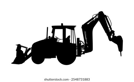 Gran bulldozer, ilustración de silueta de Vector de cargadora de ruedas aislada. Excavadora excavadora topadora para tierra. En construcción. Máquina de construcción de Industriales Bager. Forma del nivelador del motor. Industria del trabajo duro.