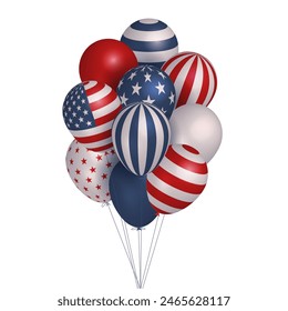 Big bunch of 3d realistic balloons in American, USA color with stars and stripes. Huge bouquet of various helium toys. Vector illustration for card, flyer, poster, banner, web, advertising