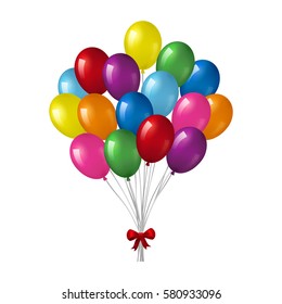 Big bunch of colorful helium balloons with glossy bow isolated on white background.