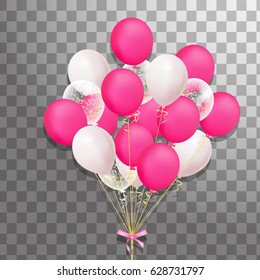 Big Bunch of Festive pink, transparent with confetti balloons and pink bow isolated. Party decorations for birthday, anniversary, celebration, event design.  Vector illustration.