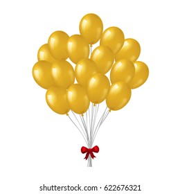 Big bunch of golden helium balloons with glossy bow isolated on white background.