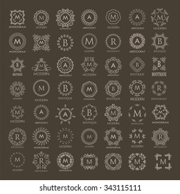 Big bunch of luxury, simple and elegant monogram design templates. Good for labels and logos. Vector illustration. Line style. Big set of monograms.  Vector monogram.