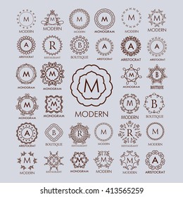 Big bunch of luxury, simple and elegant monogram design templates. Good for labels and logos. Vector illustration. 