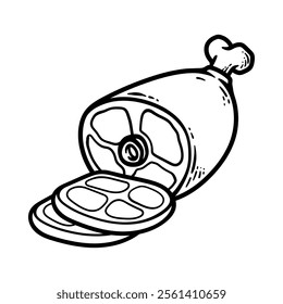 big bunch of meat and the sliced isolated drawing line art style sketch classic vintage design illustration
