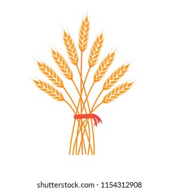 Big bunch of wheat, barley or rye ears with whole grain and dry leaves, golden wheat, rye or barley crop with red ribbon harvest symbol or icon sign flat style design vector illustration isolated