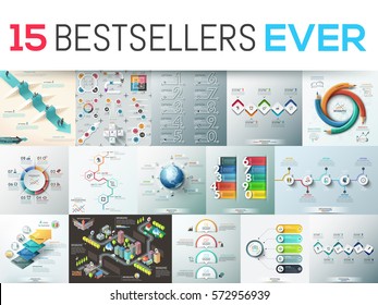 Big bundle of 15 modern infographic design templates. Collection of diagram, chart, scheme and workflow elements. Vector illustration for business presentation, corporate report, website, brochure.