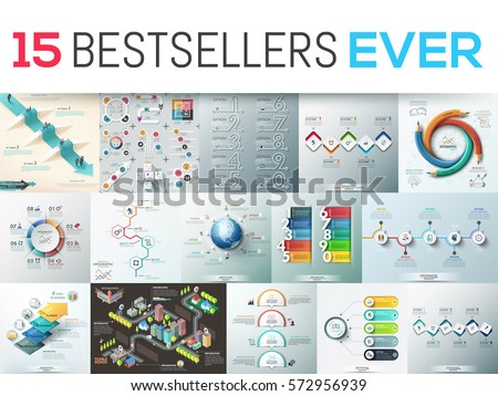Big bundle of 15 modern infographic design templates. Collection of diagram, chart, scheme and workflow elements. Vector illustration for business presentation, corporate report, website, brochure.