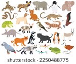 Big bundle of 25 wild animals. A collection of cute animals in colorful cartoon characters isolated on white background. Vector graphic illustration, flat style.