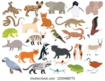 Big bundle of 25 wild animals. A collection of cute animals in colorful cartoon characters isolated on white background. Vector graphic illustration, flat style.