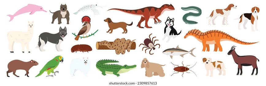 Big bundle of 25 wild animals. A collection of cute animals in colorful cartoon characters isolated on white background. Vector graphic illustration, flat style.