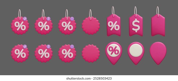 Grande pacote de etiquetas de preço de desconto 3D isolado na ilustração de vetor escuro. Comprovante de cashback, etiqueta de preço do dólar, rótulo promocional especial sinal de porcentagem, banner adesivo de compras on-line, etiqueta de desconto 3d render.