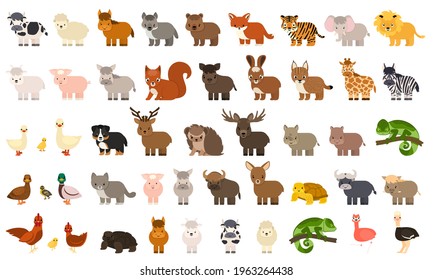 Big bundle of 50 funny domestic, farm, forest, wild animals, birds in flat style. Colorful vector illustration of collection of cute cartoon characters isolated on white background for children's book