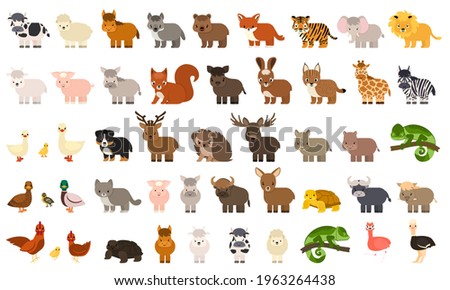 Big bundle of 50 funny domestic, farm, forest, wild animals, birds in flat style. Colorful vector illustration of collection of cute cartoon characters isolated on white background for children's book
