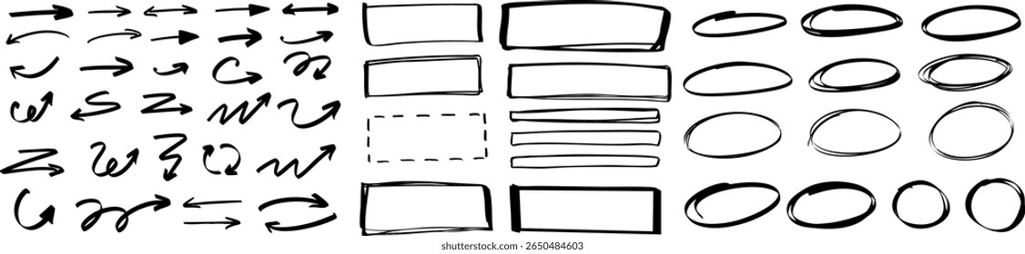 Big bundle of black hand-drawn design elements including arrows, rectangles, and oval marker shapes on transparent background. Vector EPS 10
